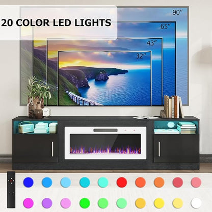PRETZI Fireplace TV Stand with 36" Fireplace Up to 90" TVs, 80" Entertainment Center with LED Lights, Remote Control, TV Media Console with Storage Cabinets for Living Room, Black+White
