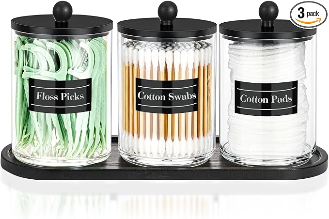 3 Pack 10 oz Acrylic Qtip Holder with Tray Labels Dispenser- Bathroom Small Clear Plastic Canister Apothecary Jar Set Essentials Accessories Decor, Vanity Storage Organizer