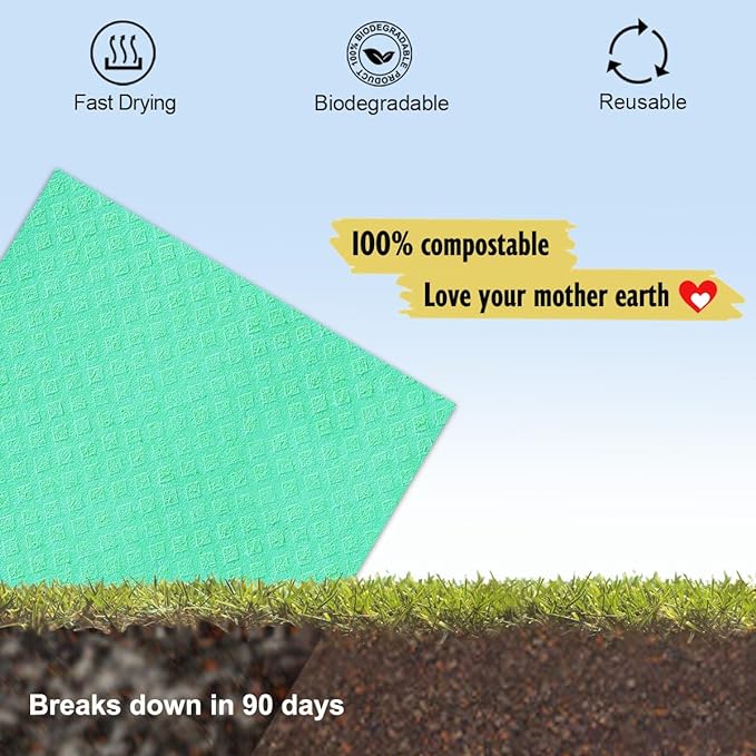 MoLKENE Swedish Dishcloths - 10 Pack Reusable Kitchen Dishcloths - Ultra Absorbent Dish Towels for Washing Dishes - Cellulose Sponge Cloth Cleaning Cloths - Green