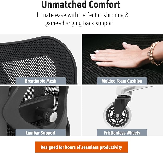 Ergonomic Office Chair - Adjustable Desk Chair with Lumbar Support and Rollerblade Wheels - High Back Chairs with Breathable Mesh - Thick Seat Cushion, Head, and Arm Rests - Reclines (Black)