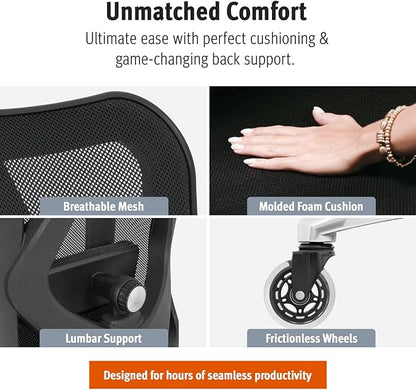 Ergonomic Office Chair - Adjustable Desk Chair with Lumbar Support and Rollerblade Wheels - High Back Chairs with Breathable Mesh - Thick Seat Cushion, Head, and Arm Rests - Reclines (Black)