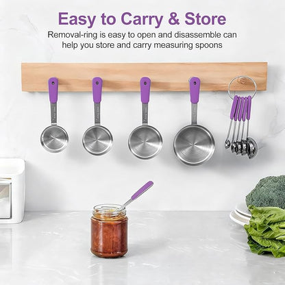 Measuring Cups and Spoons Set Stainless Steel 10 Piece for Cooking and Baking (5 Cups + 5 Spoons, Purple Handle)