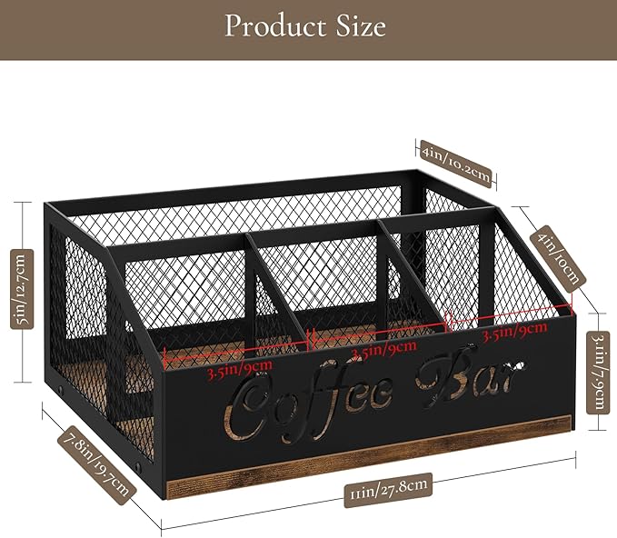 Coffee Station Organizer, Rustic Brown Wooden Countertop Coffee Bar Accessories Organizer with Metal Mesh Compartments for Pods, Syrup, Cups, Stirrer, Tea