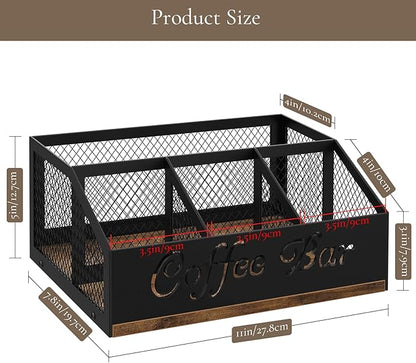 Coffee Station Organizer, Rustic Brown Wooden Countertop Coffee Bar Accessories Organizer with Metal Mesh Compartments for Pods, Syrup, Cups, Stirrer, Tea