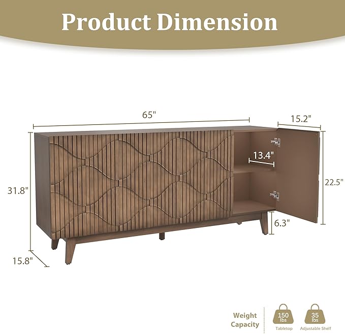 Buffet Cabinet with Storage, Distressed Storage Cabinet with 4 Carved Doors and Adjustable Shelf, Wooden Accent Sideboard Buffet Cabinets for Kitchen, Living Room, Entryway, Brown