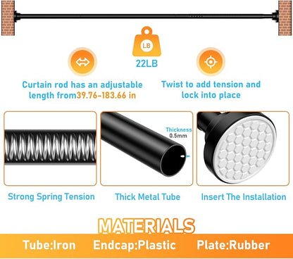 MEXAU Black Tension Curtain Rod 40-183 Inch Long Tension Rod 1.26" Spring Tension Curtain Rod Adjustable Curtain Rods No Drilling Tension Shower Rod Curtain Tension Rod for Bathroom Windows Doorways
