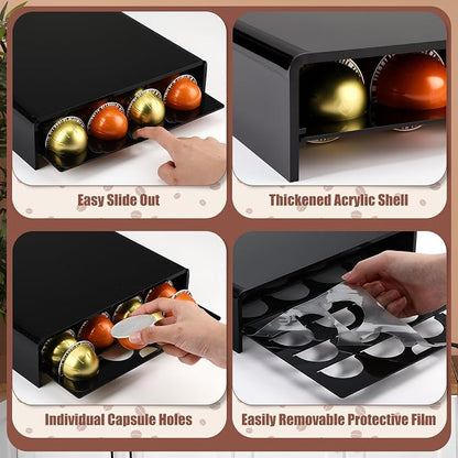 Coffee Pod Drawer Organizer with Black Station Organizer Compatible with Nespresso Vertuo Acrylic Coffee Capsule Holder Drawer Machine Accessories 40 Pods