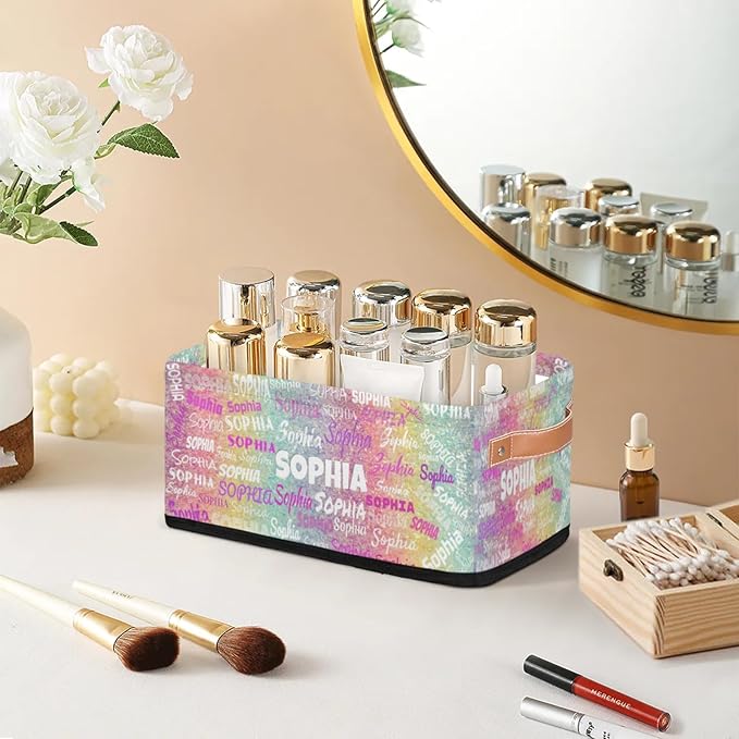 Personalized Small Storage Basket with Name, Countertop Toilet Paper Basket, Entryway Organizing Keys Books Toys Towels, Desk Shelf Makeup Organization, Colorful Rainbow Glittering Printed