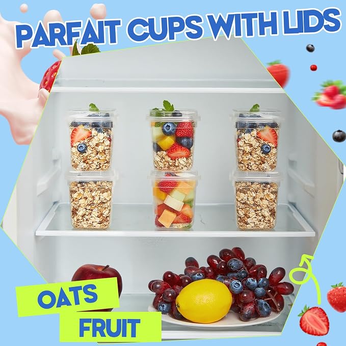 Jingmore 50 Pack 9.5oz Clear Plastic Yogurt Parfait Cups Disposable Overnight Oats Containers with Lids and Spoons Cake Fruit Jars for Food Storage Salad Ice Creams Pudding Snacks (Square Style)