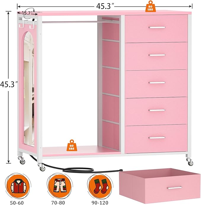 Cyclysio Dresser for Bedroom with Clothes Rack & Mirror, 5 Fabric Drawers Dresser with Charging Station & LED Lights, Rolling Chest of Drawers with Wheels, Full Length Mirror, Wooden Top, Closet