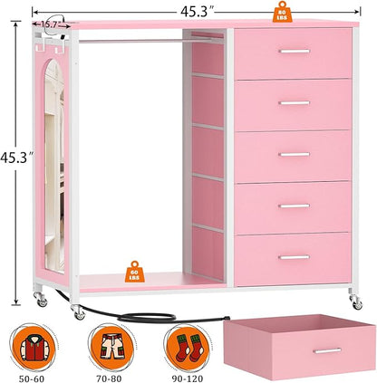 Cyclysio Dresser for Bedroom with Clothes Rack & Mirror, 5 Fabric Drawers Dresser with Charging Station & LED Lights, Rolling Chest of Drawers with Wheels, Full Length Mirror, Wooden Top, Closet