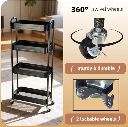 LIWNYRK 4 Tier Slim Storage Cart with Wheels for Laundry Room Between Washer and Dryer, 7.1'' Narrow Rolling Cart with Wheels and Lockable Casters, Metal Thin Standing Shelf for Small Space, Black