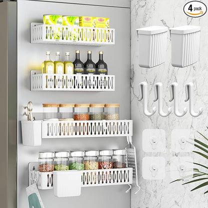 Sevenblue 4 Pack Large Magnetic Spice Rack for Refrigerator, Spice Rack Organizer, Moveable Magnetic Shelf Fridge Organizer with 4 Hooks for Kitchen and Oven Organization, White