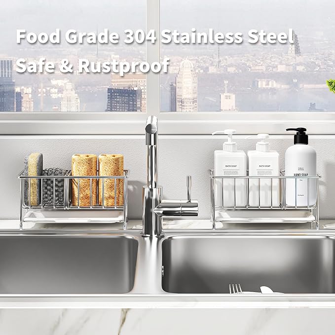 MAXCOOK Kitchen Sink Sponge Holder, 304 Stainless Steel Soap Dispenser Caddy Organize, Kitchen Sink Brush Caddy Holder with Removable Drain Tray
