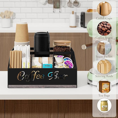 Coffee Bar Organizer for Countertop, Wooden Counter Station Organizer with Metal Mesh Basket, Coffee Bar Accessories Decor for Pods Condiment Syrup Tea Sugar, Gray