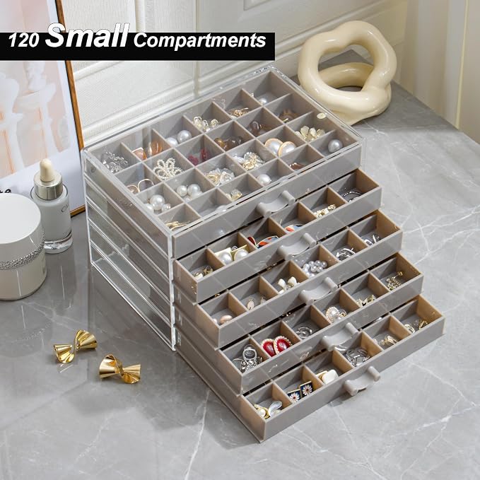YUFONG Earring Storage Box Organizer, Acrylic Jewelry Storage Box Holder 5 Drawers Transparent Jewelry Display Stand with 120 Small Compartments Gift Boxes for Women Girls (Gray)