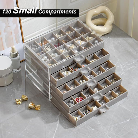 YUFONG Earring Storage Box Organizer, Acrylic Jewelry Storage Box Holder 5 Drawers Transparent Jewelry Display Stand with 120 Small Compartments Gift Boxes for Women Girls (Gray)