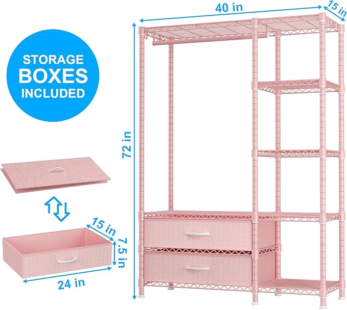 Ulif F3 Heavy Duty Clothes Rack（With Fabric Drawers）Freestanding Clothing Racks for Hanging Clothes，Adjustable Closet Organizer System，Portable Garment Rack 40" W x 15" D x 72" H，Max Load 700LBS，Pink