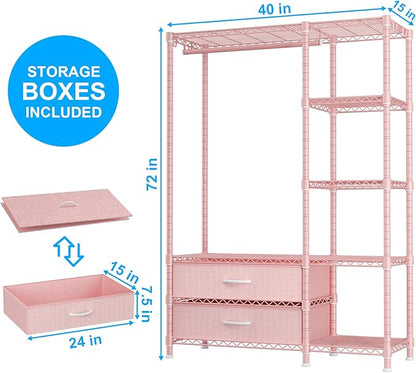 Ulif F3 Heavy Duty Clothes Rack（With Fabric Drawers）Freestanding Clothing Racks for Hanging Clothes，Adjustable Closet Organizer System，Portable Garment Rack 40" W x 15" D x 72" H，Max Load 700LBS，Pink