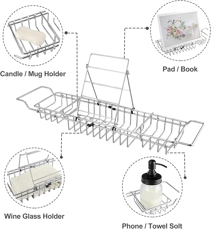 HOMEE Stainless Steel Shower Caddy Tray with Removable Book Holder, European Style Extendable Rectangular Bathroom Tray for Shower Bath Phone IPad Book Holder Candleholder Table Shelf - Silver