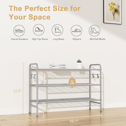 3 Tier Shoe Rack 33" Wide Metal Shoe Organizer Long Shoe Storage with 4 Side Hooks Sturdy Shoes Shelf for Front Door Entrance, Closet, Garage, Dorm, Grey