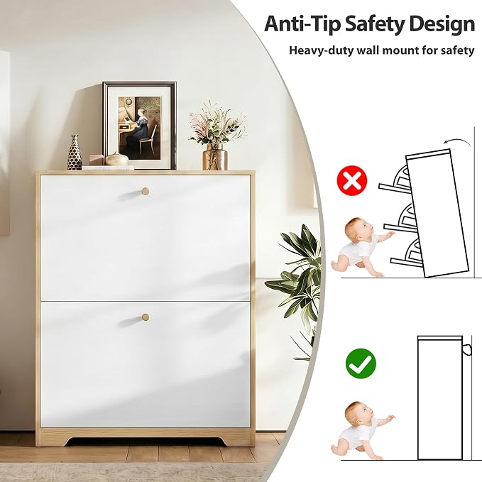 Nicetree Shoe Cabinet with 2 Flip Drawers, Narrow Shoe Organizer Cabinet, Freestanding Shoe Rack Cabinet, Modern Shoe Storage Cabinet for Entryway, Hallway, Foyer, Natural Oak and White with Hook