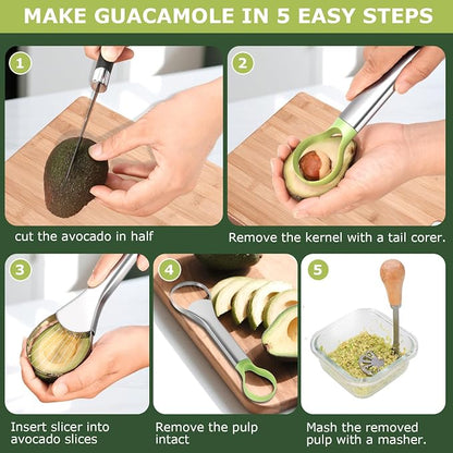 Avocado Slicer Tool 3 in 1, Stainless Steel Avocado Cutter Tool Set, Avocado Masher & Avocado Peeler Tools, Multi-Function Avocado Smasher Tools for Slicing, Scooping and Pit Removal
