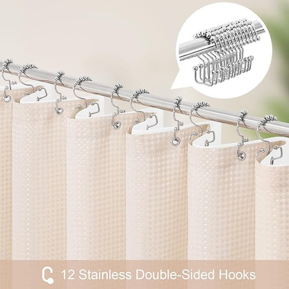 3 in 1 Extra Long Blush Pink Shower Curtain Set-72 W x 84 H, Modern Waffle and PEVA Liner Set with 12 Stainless Steel Hooks, Waterproof Fabric for Bathroom