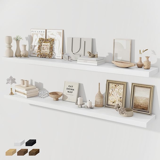 Floating Shelves for Wall, 66 Inch Floating Shelves Set of 2, Wall Mounted Rustic Wood Shelf for Bathroom, Living Room, Bedroom and Kitchen, Hanging Shelf for Storage, Books, Home Decor, White