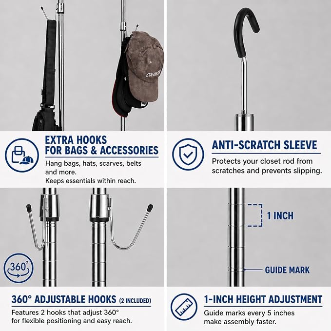 Adjustable Closet Rod Extender with Hooks, Expandable Double Hanging Organizer for Closets, Kids' Wardrobe & Laundry Room, No Tool Assembly, Metal Tension Pole, Chrome Finish