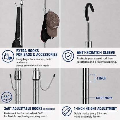 Adjustable Closet Rod Extender with Hooks, Expandable Double Hanging Organizer for Closets, Kids' Wardrobe & Laundry Room, No Tool Assembly, Metal Tension Pole, Chrome Finish