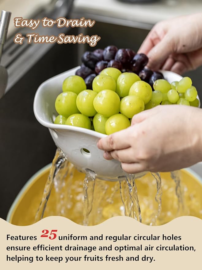 Gomakren Fruit Basket Set of 2, Ceramic Fruit Bowl Berry Basket with Holes, 7.6 Inch Fruit Containers Colander for Fridge - Farmhouse Kitchen Decor, Cream White