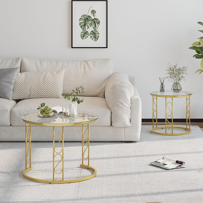 Garden 4 you Nesting Coffee Table, 23.6" Round Coffee Table Set of 2, Glass Nesting Table with Metal Frame, Ceter Tables for Living Room Bedroom Balcony, Gold