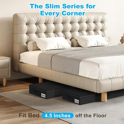 Under Bed Storage Container Bin 4 Pack, 4.5 Inch Slim Low Profile Underbed Clothes Storage Organizer for Dorm & Home, Use for Blanket and Toy Storage Box W/ Sturdy Bottom/Sides, Foldable Thick Fabric