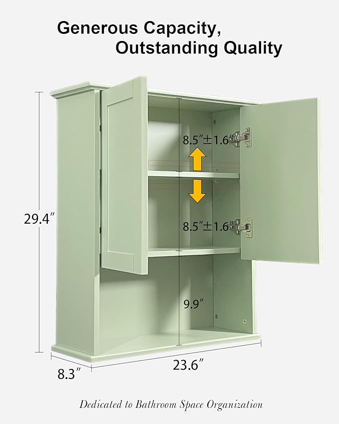 Bathroom Cabinet Wall Mount Buffering Hinge,23"x29" inch Over Toilet Storage Cabinet and Adjustable Shelves, Large Space Wooden Medicine Cabinet (Light Green)
