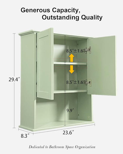Bathroom Cabinet Wall Mount Buffering Hinge,23"x29" inch Over Toilet Storage Cabinet and Adjustable Shelves, Large Space Wooden Medicine Cabinet (Light Green)
