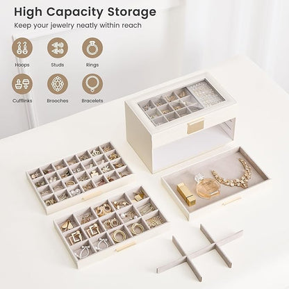 Lolalet Earring Storage Box Case with Glass Top, Large Earring Jewelry Holder Organizer Display with Drawer and Grid, Gift for Girls Women -4 Tiers, Cloud White