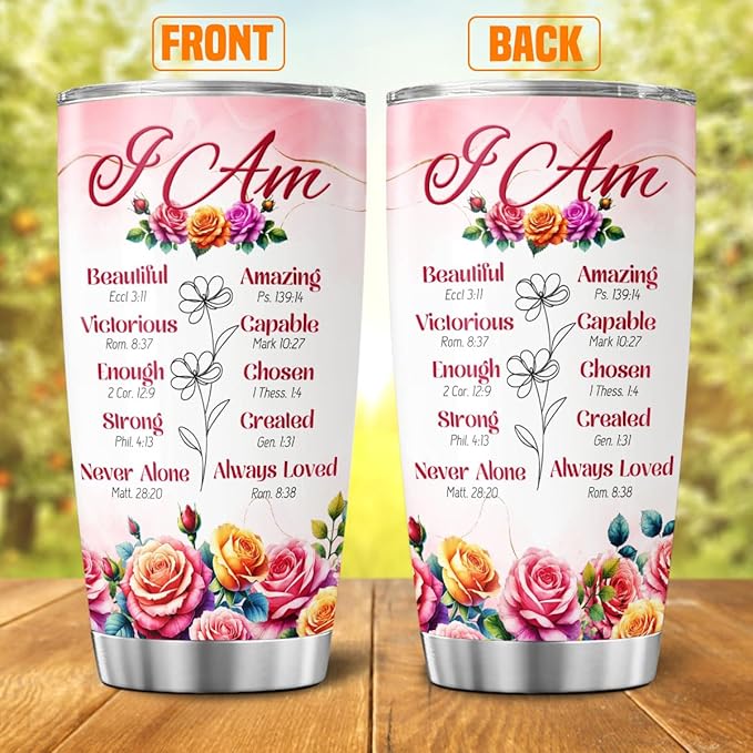Christian Affirmation Gift for Women, I Am Scripture Tumbler with Bible Verses, Inspirational Floral 20oz Stainless Steel Insulated Cup, Religious Faith Present for Mom, Sister, Friend