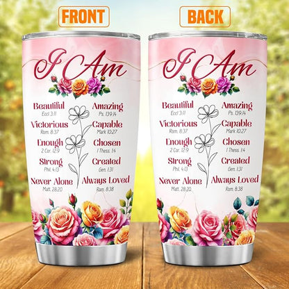 Christian Affirmation Gift for Women, I Am Scripture Tumbler with Bible Verses, Inspirational Floral 20oz Stainless Steel Insulated Cup, Religious Faith Present for Mom, Sister, Friend