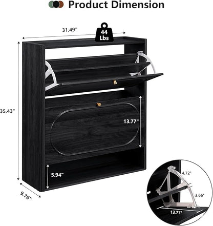 ORRD Shoe Storage Cabinet with 2 Flip Drawers Set of 2, Wood Narrow Shoe Cabinet for Entryway, Fluted Hidden Shoe Organizer, Freestanding Slim Shoes Cabinets for Foyer, Hallway-Black