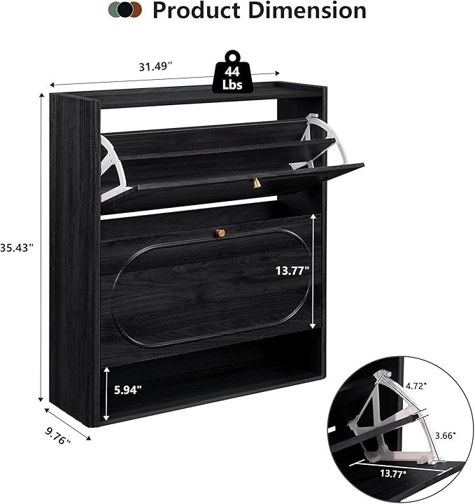 ORRD Shoe Storage Cabinet with 2 Flip Drawers, Wood Narrow Shoe Cabinet for Entryway, Fluted Hidden Shoe Organizer, Freestanding Slim Shoes Cabinets for Foyer, Hallway-Black