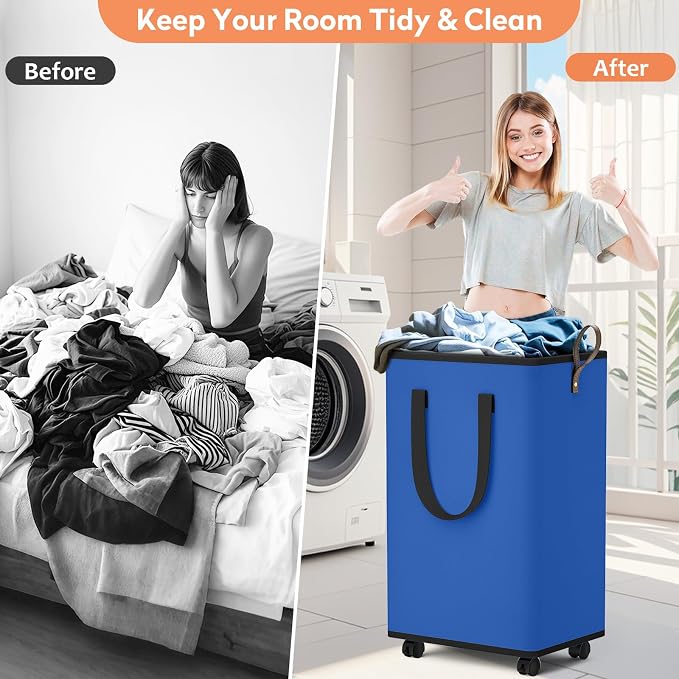 SpaceTrove Laundry Basket with Wheels, Collapsible Laundry Baskets, Laundry Hamper with Handles Detachable Wheels, Rolling Laundry Basket, Dirty Clothes Hamper for Bathroom, Dorm, Bedroom, Blue, 100L