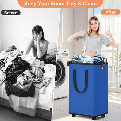 SpaceTrove Laundry Basket with Wheels, Collapsible Laundry Baskets, Laundry Hamper with Handles Detachable Wheels, Rolling Laundry Basket, Dirty Clothes Hamper for Bathroom, Dorm, Bedroom, Blue, 100L