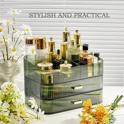 Stackable Makeup Organizer Drawers, Bathroom Vanity Organizers and Storage, Ideal for Desk and Dresser Countertops, Great for Cosmetics, skincare, Lipsticks, Nail Care -Green