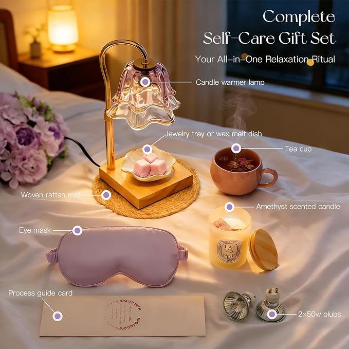 Candeldo Relaxing Birthday Gifts for Women: Purple Flower Candle Warmer Lamp with Scented Candles Mothers Day Gift Set for Mom Dimmable Wax Warmer with Timer