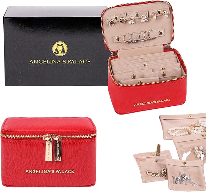 Angelina's Palace Snakeskin Pattern Jewelry Organizer Case Bridesmaid Gifts Travel Bag Vegan Leather Box for Necklace Earring Bracelet Ring(Red)