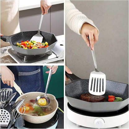 ReaNea Stainless Steel Kitchen Utensils Set, 4-Piece – Slotted Turner, Solid Turner, Skimmer & Ladle – Rust-Resistant, Long Handle, Hanging Loop, Dishwasher Safe – Everyday Cooking & Serving