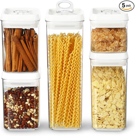 Felli Flip Tite Storage Container with Lid 4" Airtight Ring Seal Top, Stackable Acrylic Canister Jar Set for Kitchen Pantry Organizer, Food Spice Pasta Snack, Christmas Gifts for Her (5pk, Variety)