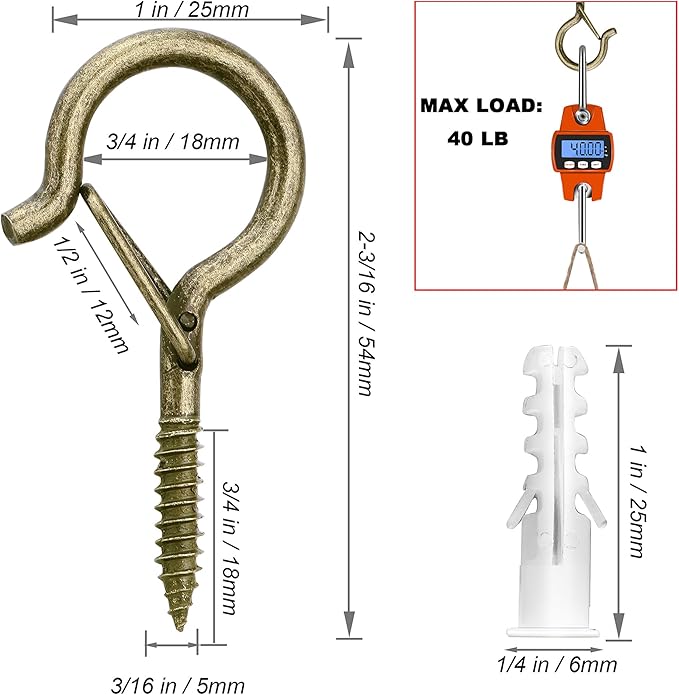 PlusRoc 20 Pack Screw Hooks for Hanging Christmas Lights Outdoor Seasonal Lighting, Heavy Duty 2.2 Inch Eye Hook Screw Cup Ceiling Hook Q-Hanger for Patio Lights, Wall Wood Ceiling Deck Mount(Bronze)