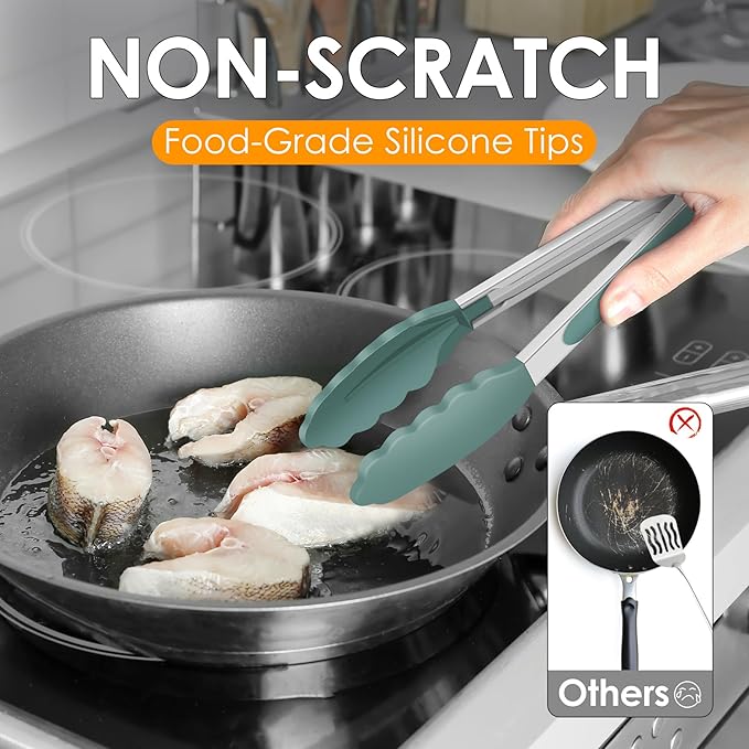 HOTEC Premium Stainless Steel Locking Kitchen Tongs with Silicon Tips, Set of 2-9" and 12", Sage Green